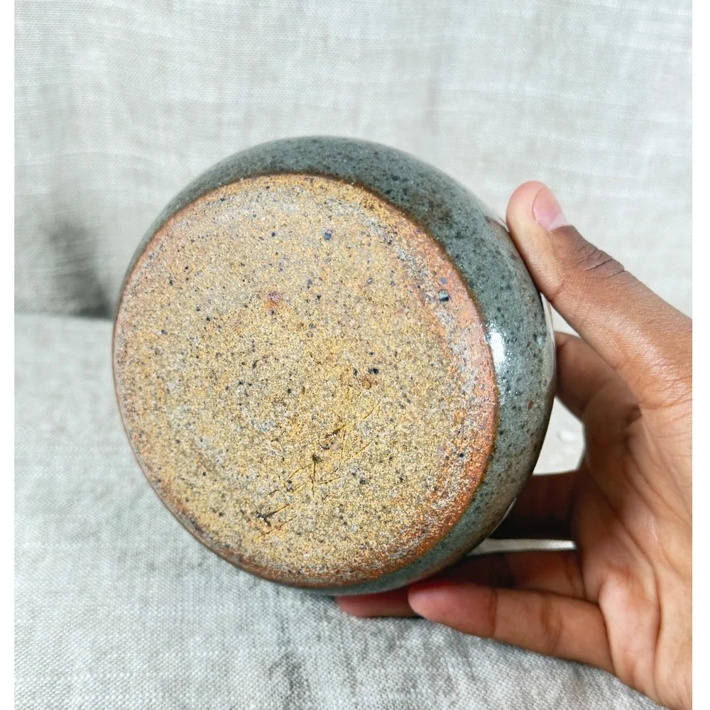 Unbranded Studio Pottery Vessel Small Green Speckled Glaze Vintage Good Rustic